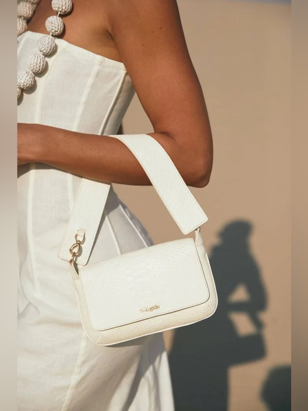 Cult Gaia Ivory Embossed Leather Shoulder Bag